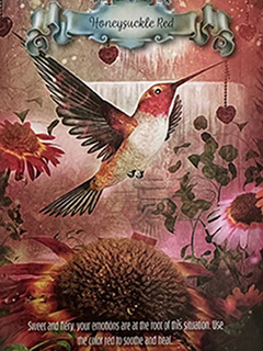 Image of Hummingbird Wisdom - Honeysuckle Red Tarot Card. A Tarot deck review by Betty Jane Ware.